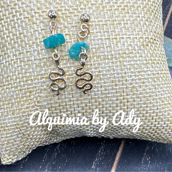 Amazonite gold statement bohemian dangle snake charms earrings - Picture 1 of 3